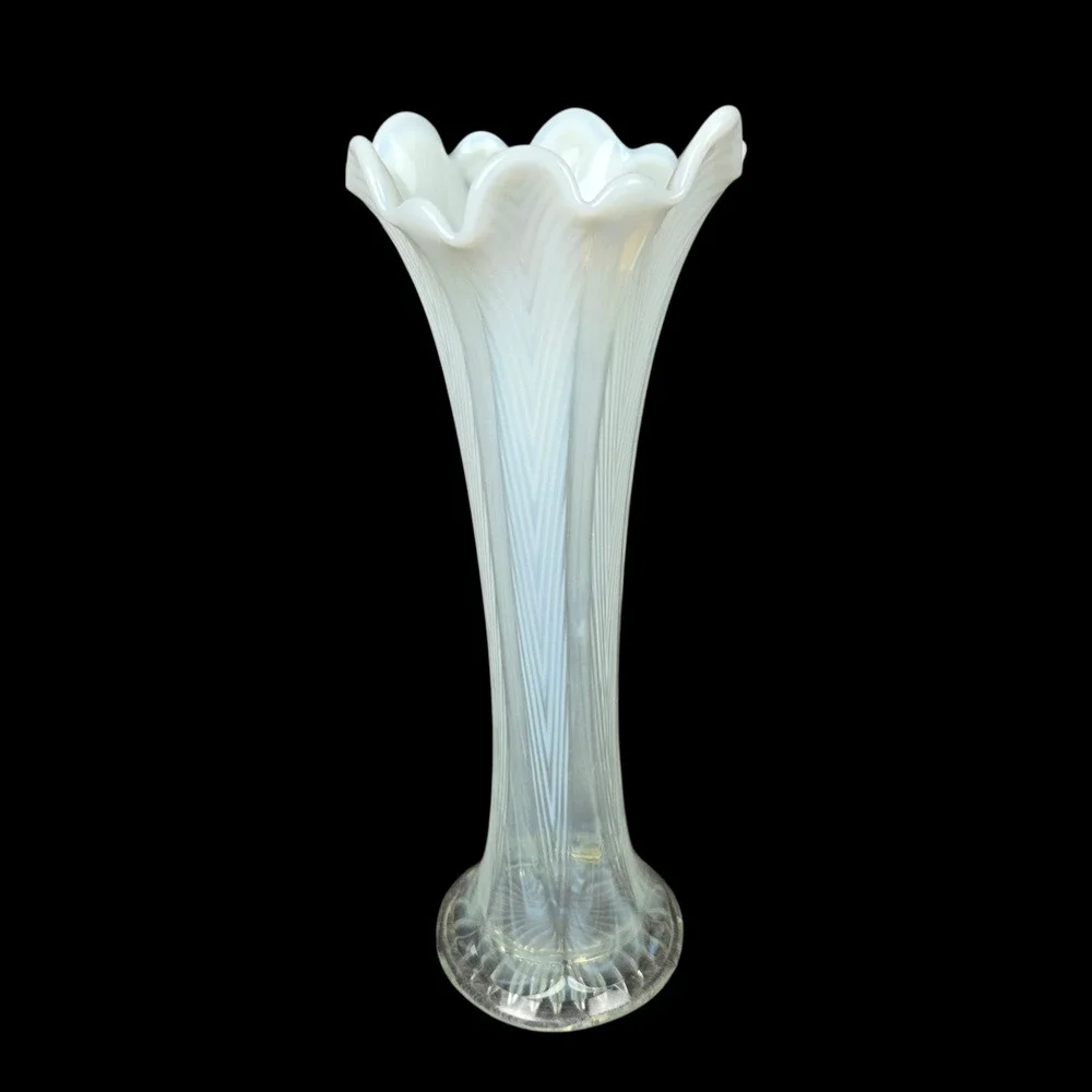 Vintage Fenton Opalescent Vase Strech Glass Swung Feathered White Ruffled 11.5
